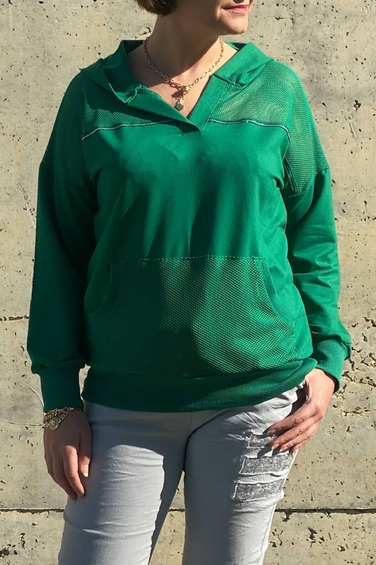 Kadın Yeşil File Detaylı Bluz