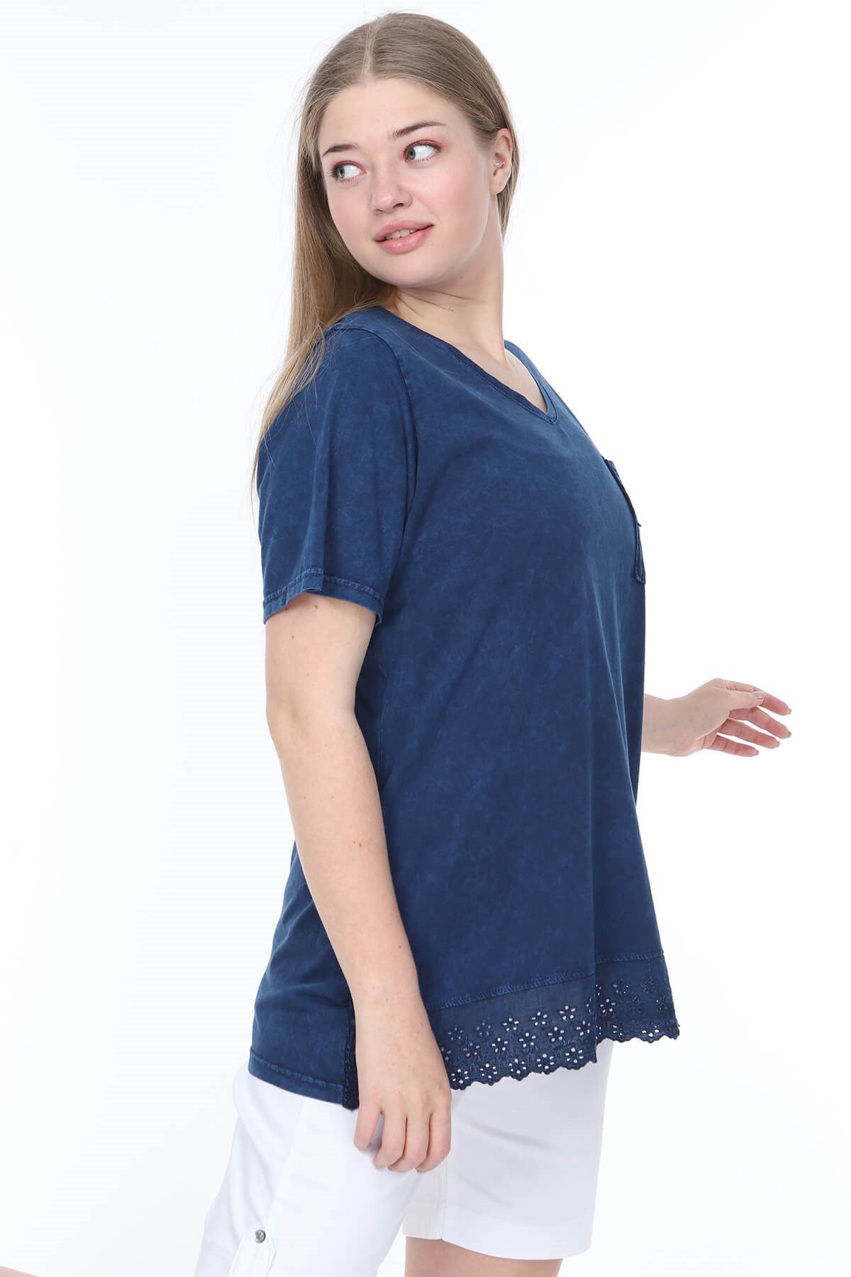 Büyük Beden İtalyan Yıkamalı Lacivert Cepli Tshirt