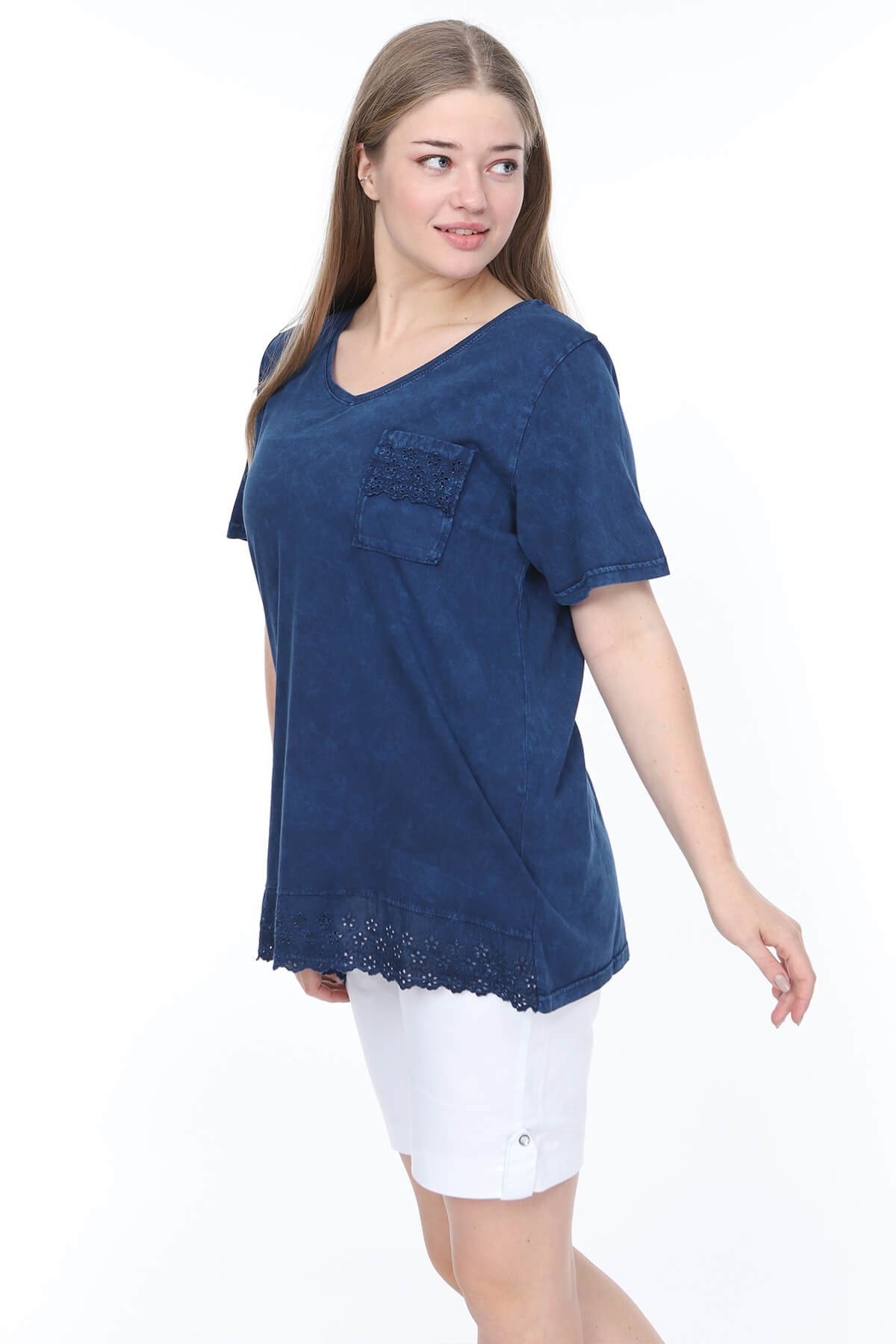Büyük Beden İtalyan Yıkamalı Lacivert Cepli Tshirt