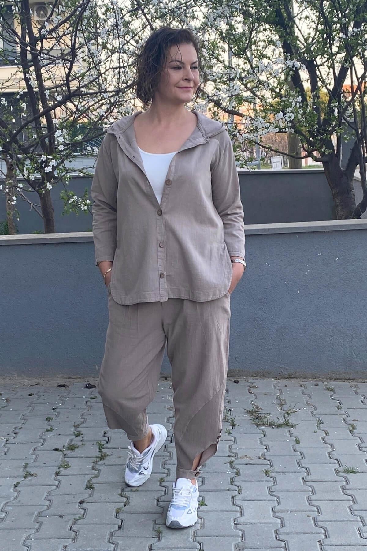 Kadın Bej Tasarım Spor Keten Takım
