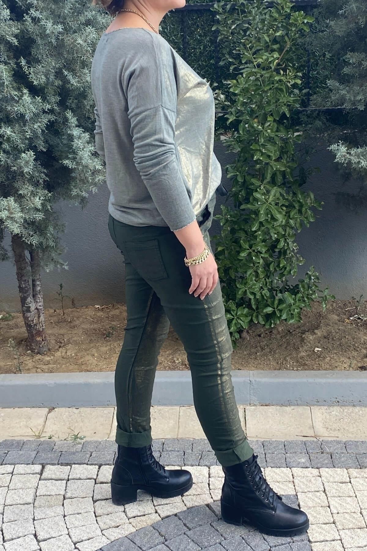 Kadın İtalyan Varak Basklı Haki  Pantolon