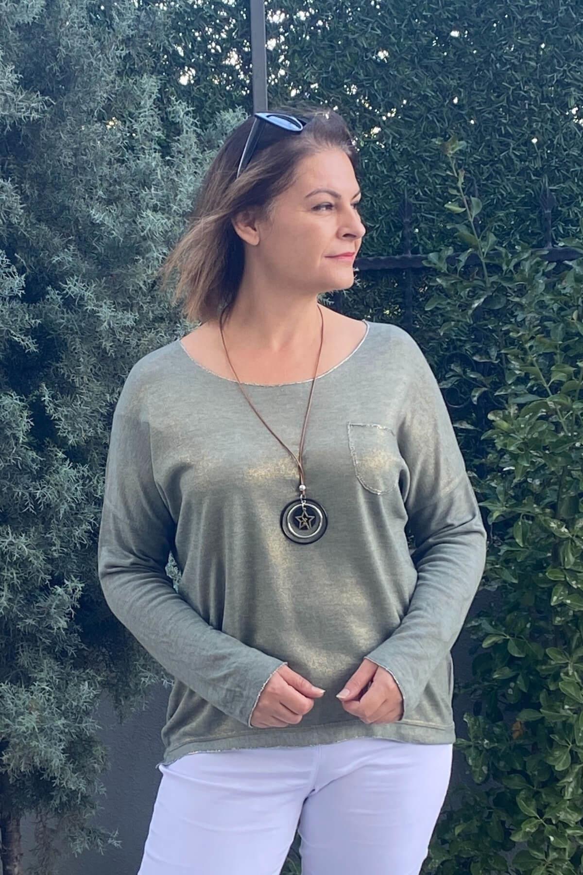 Kadın İtalyan Yeşil Varak Detaylı Triko Bluz