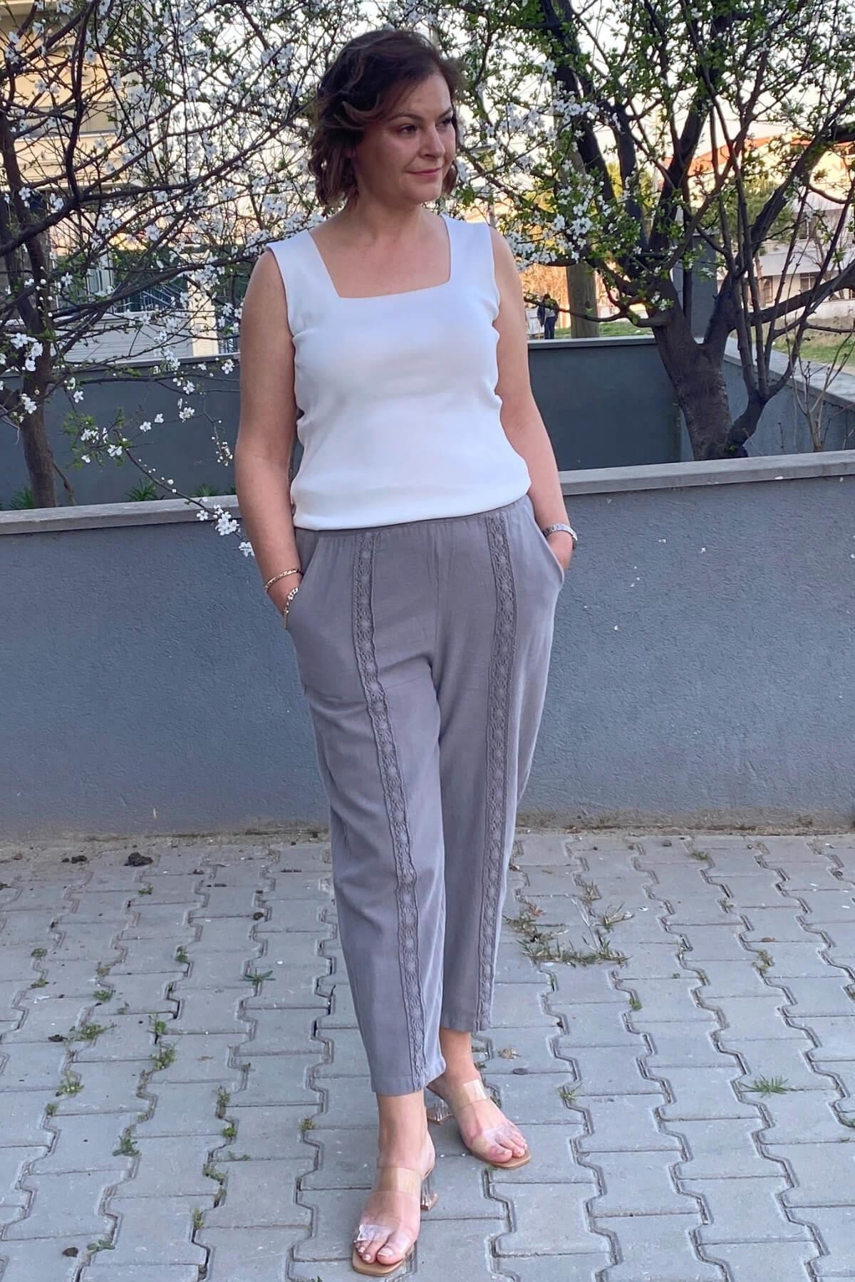 Kadın Gri Keten Havuç Pantolon