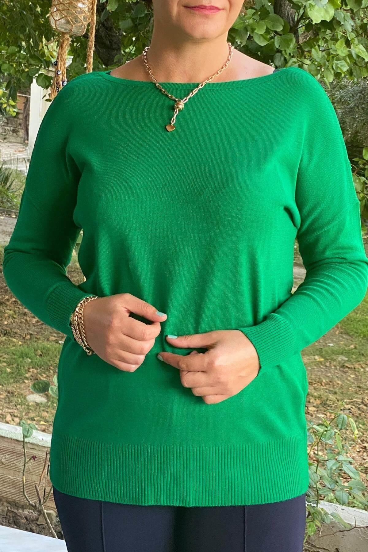 Kadın Yeşil Kayık Yaka Triko Bluz