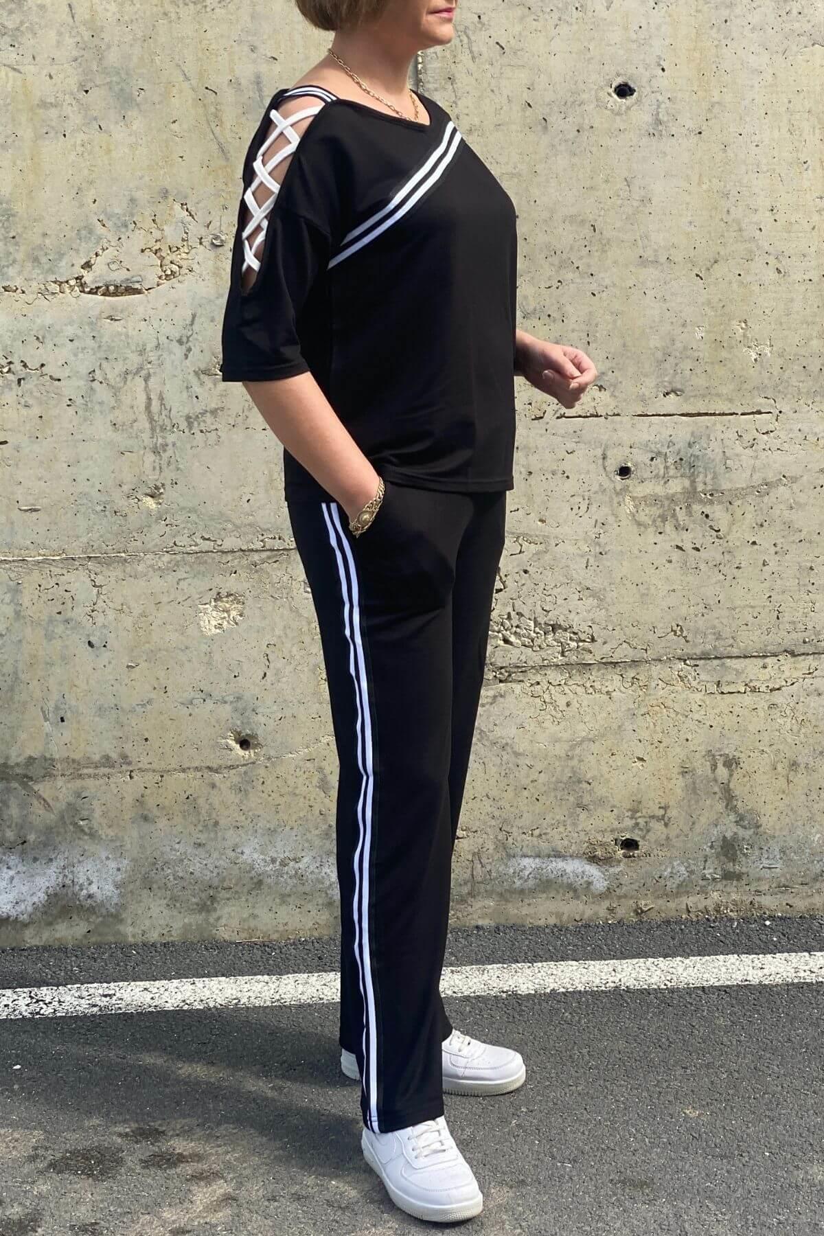 Büyük Beden Siyah Tek Omuz Dekolteli Eşortman Takım