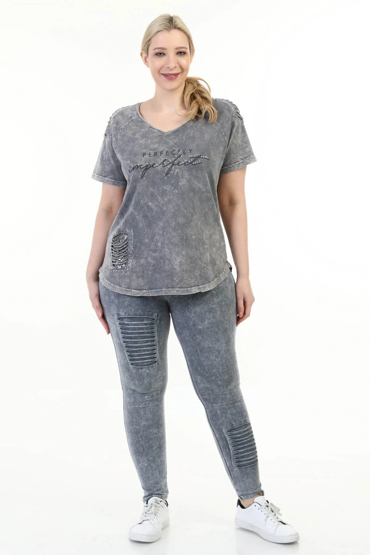 Büyük Beden Gri Omuzu Lazerli  İtalyan Yıkamalı Tayt Takım