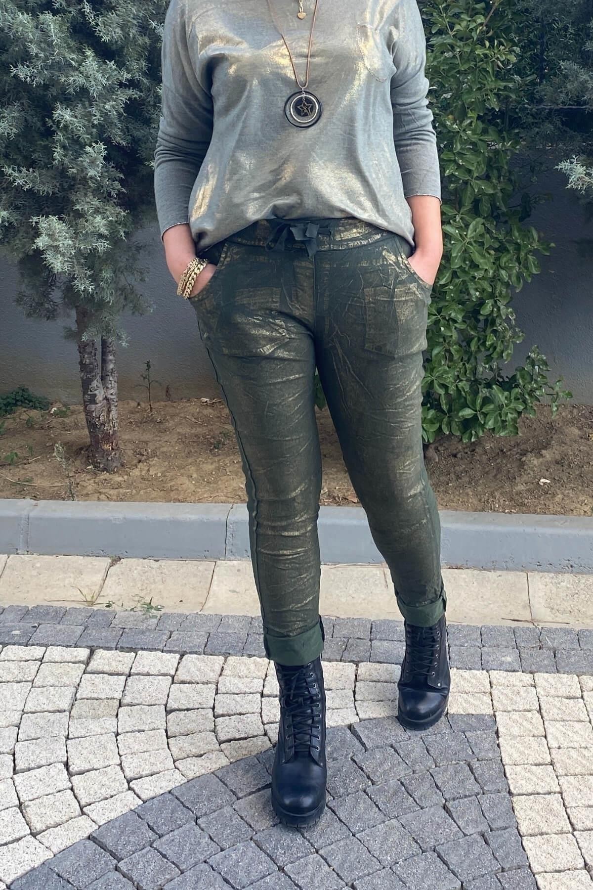 Kadın İtalyan Varak Basklı Haki  Pantolon