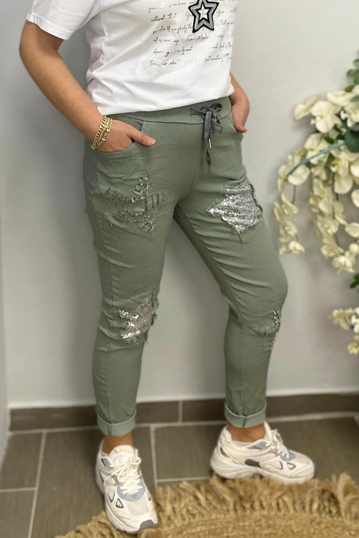 Kadın İtalyan Yıldız Detaylı Su Yeşili Pantolon