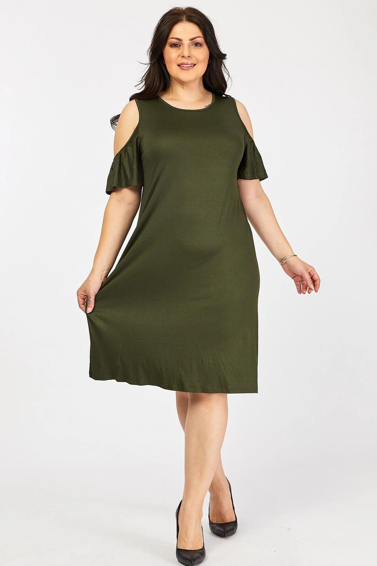 Büyük Beden Haki Omuzu Dekolteli Elbise