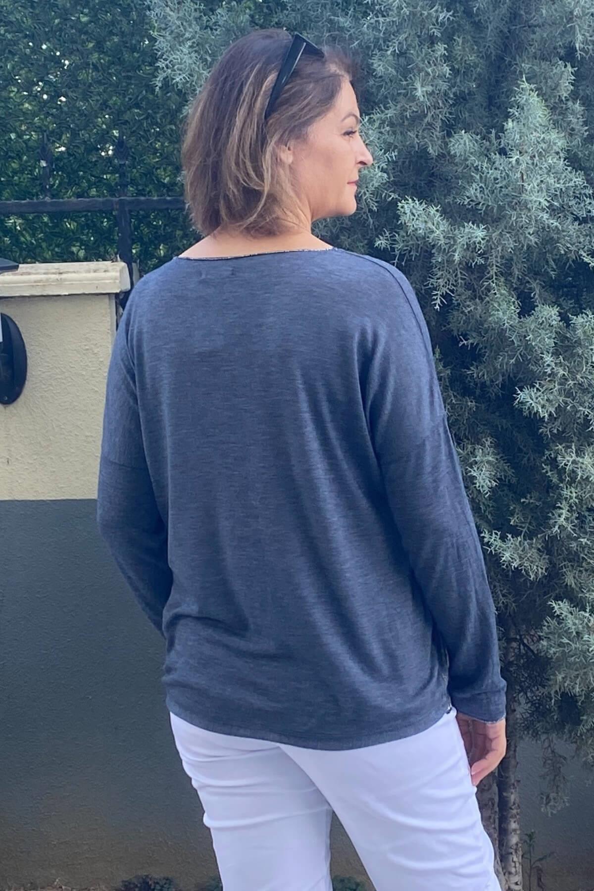 Kadın İtalyan Lacivert Varak Detaylı Triko Bluz