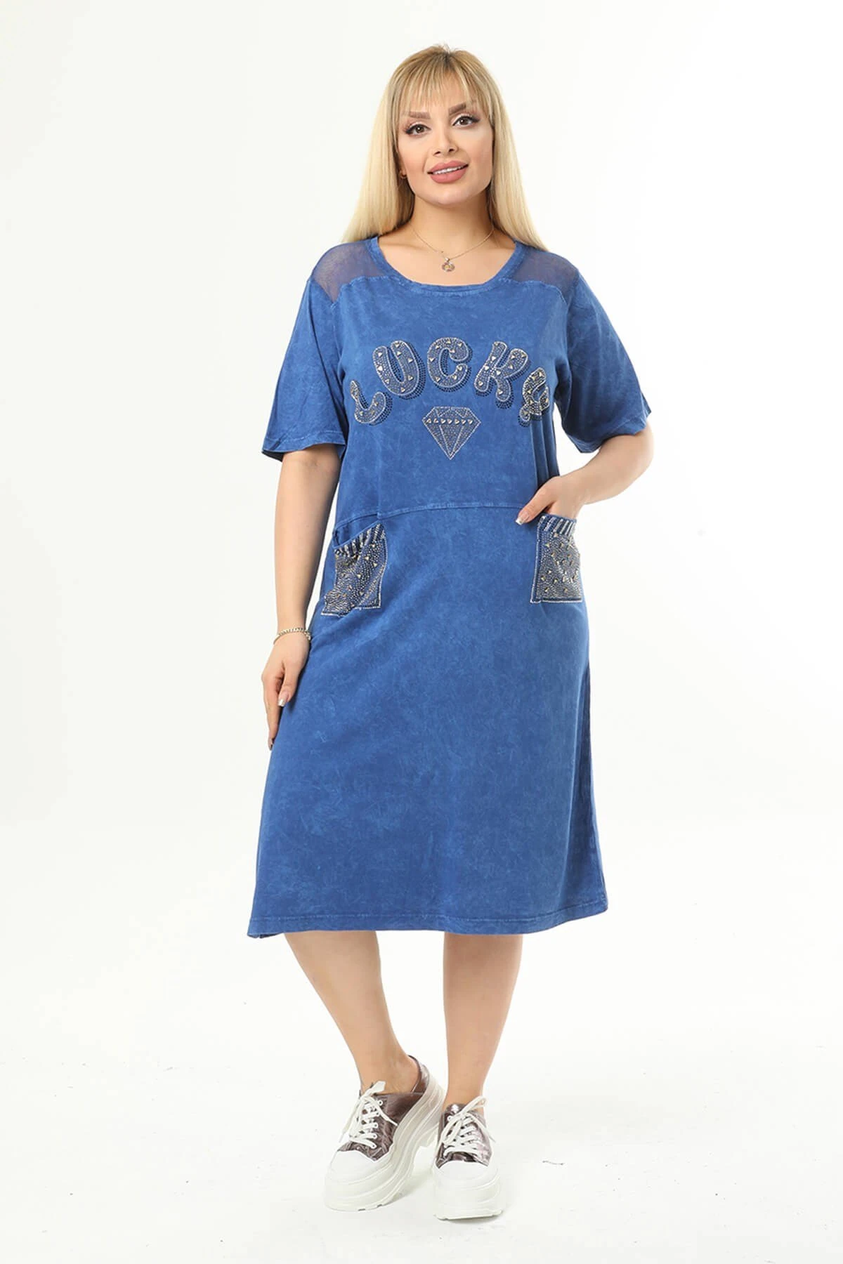 Büyük Beden Mavi Omuzları File Detaylı Elbise