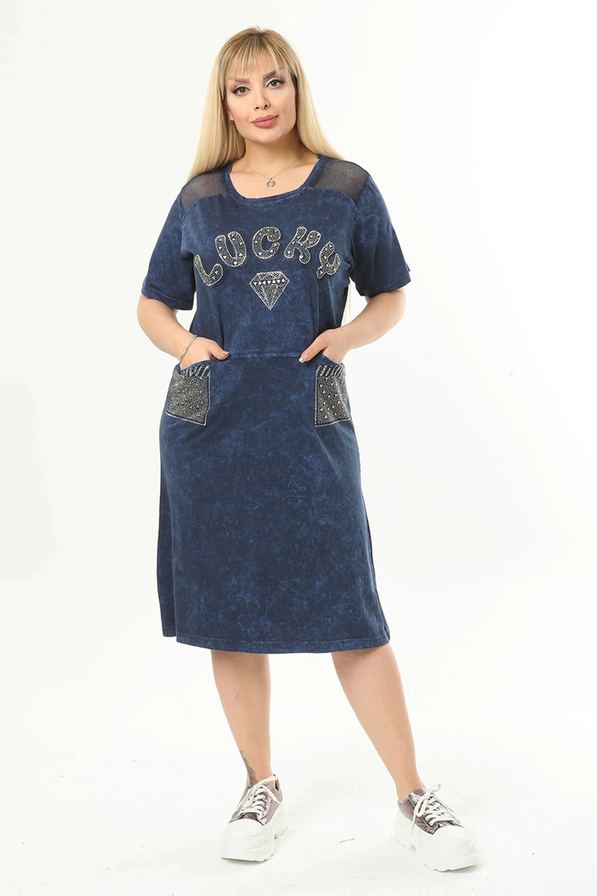 Büyük Beden Lacivert Omuzları File Detaylı Elbise