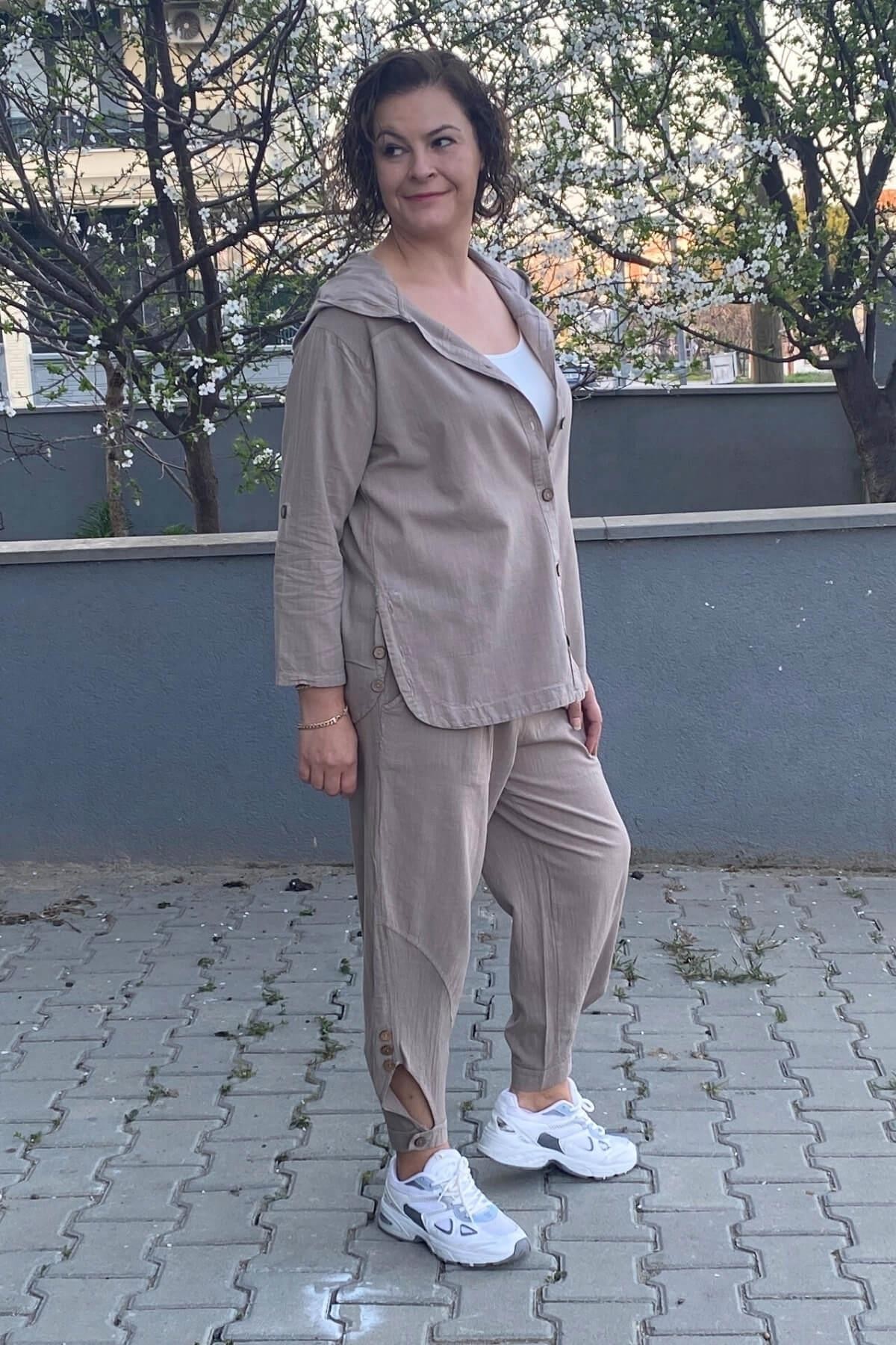 Kadın Bej Tasarım Spor Keten Takım