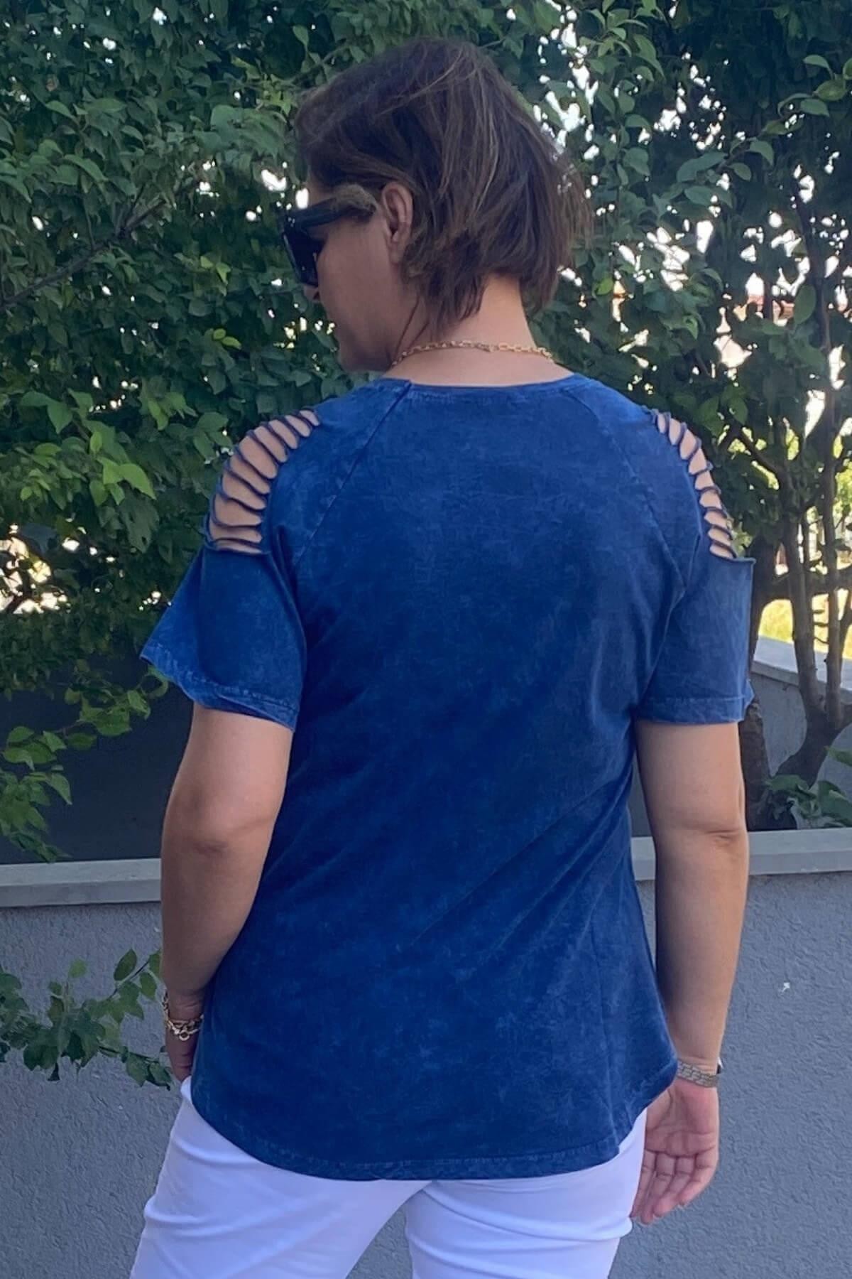 Büyük Beden Lacivert Omuz Dekolte Pamuklu Tshirt
