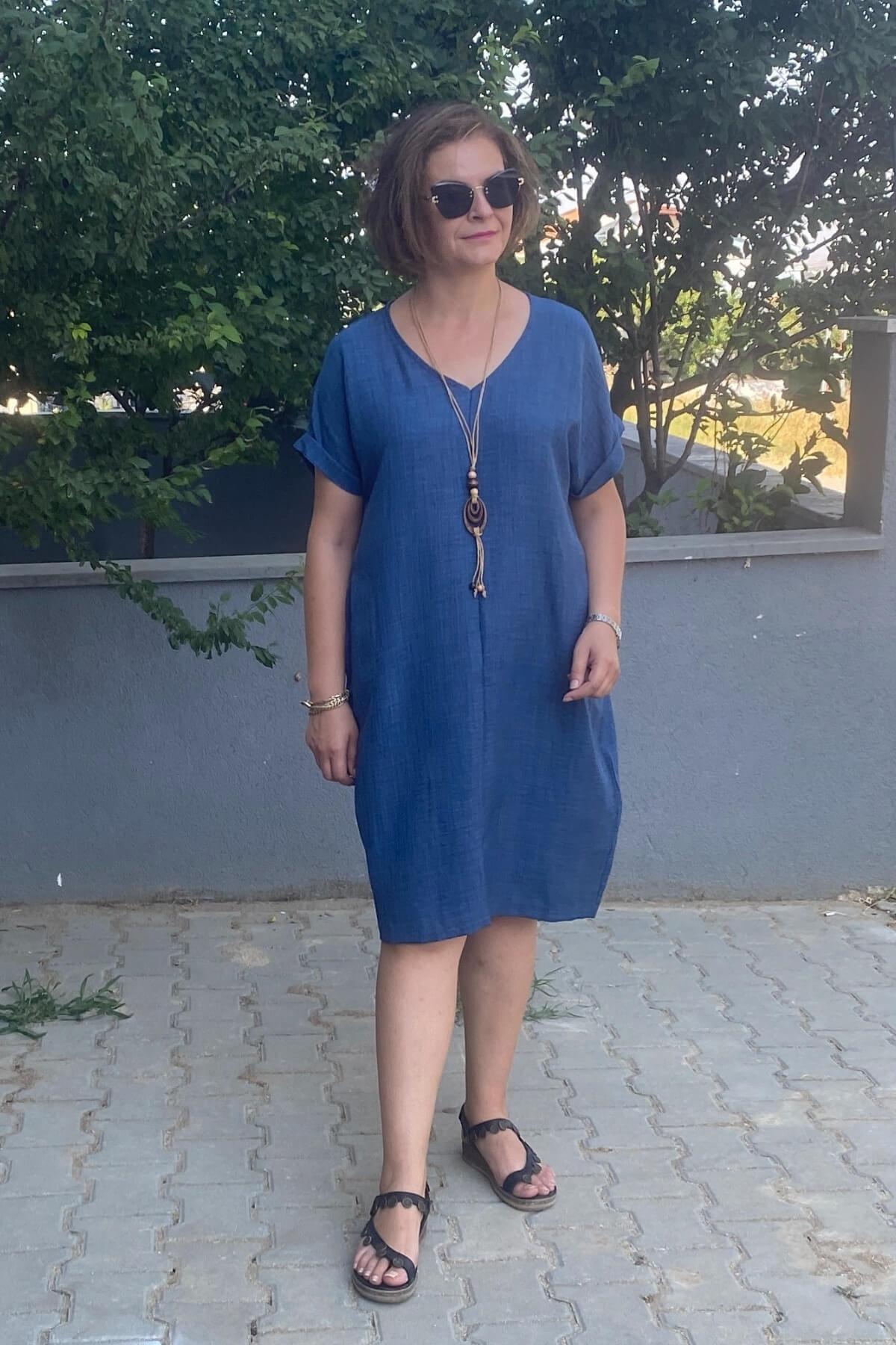 Büyük Beden Lacivert Kolye Hediyeli Salaş Elbise