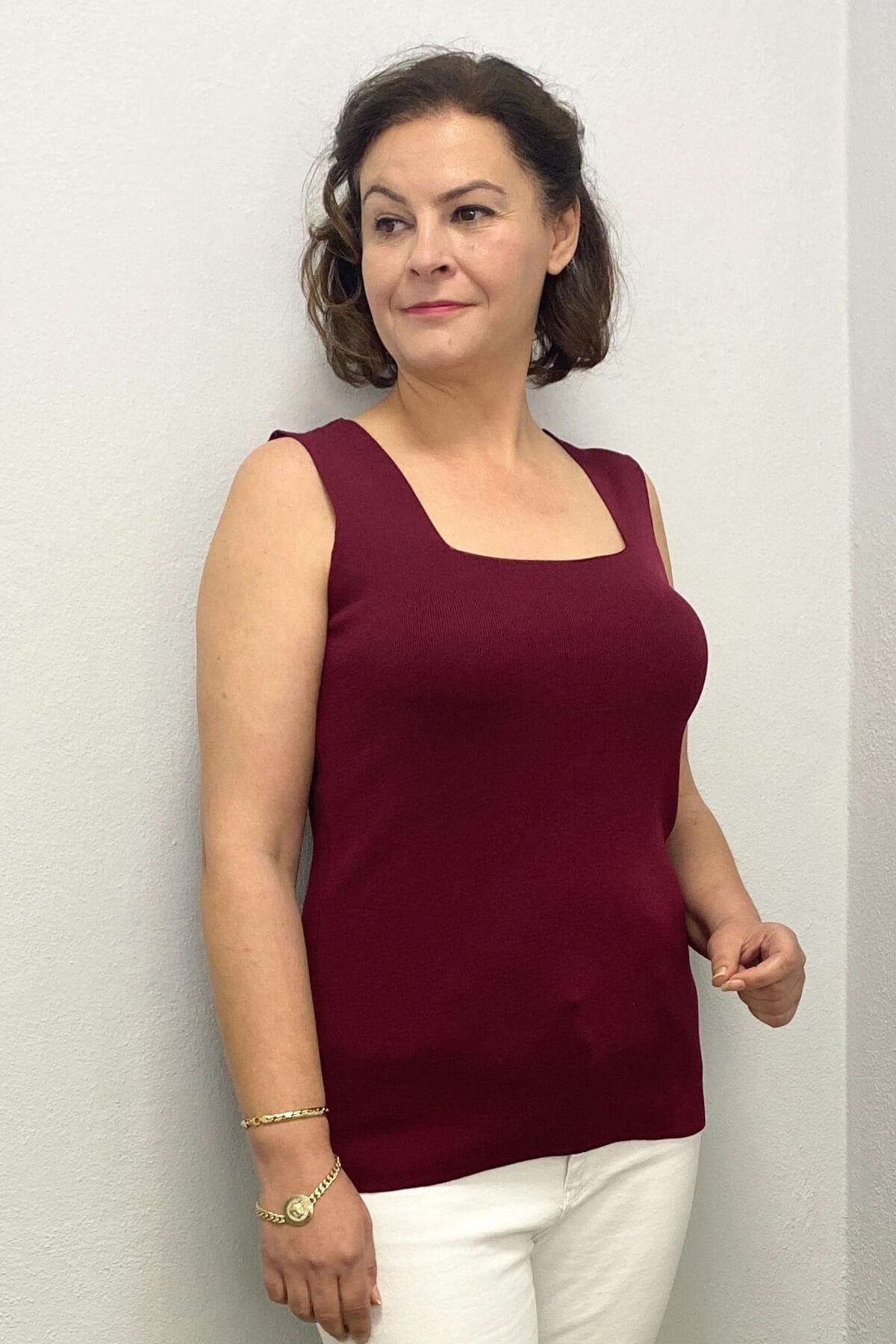 Büyük Beden Bordo Kare Yaka Triko Bluz