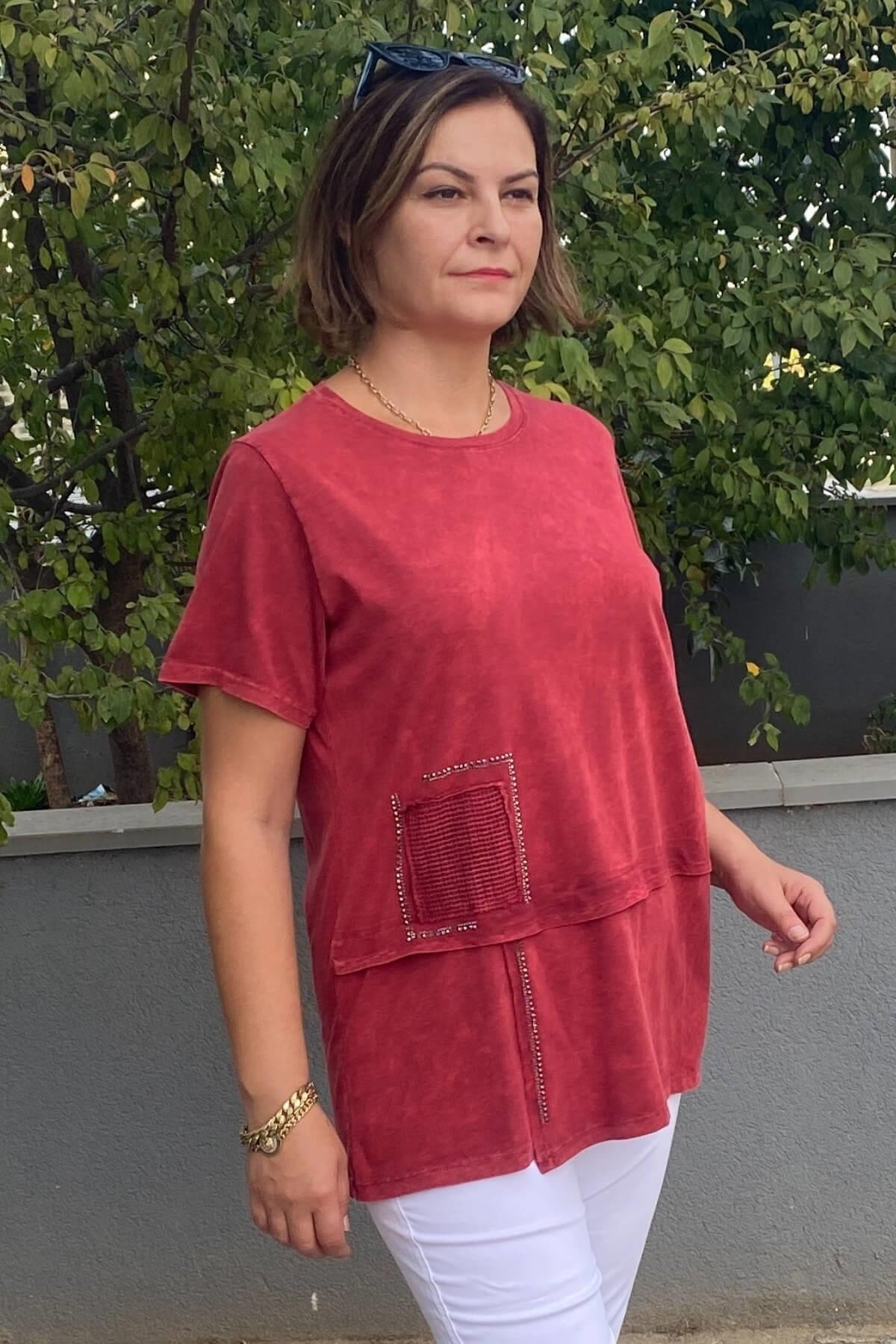 Büyük Beden Bordo Taş Detalı Tshirt