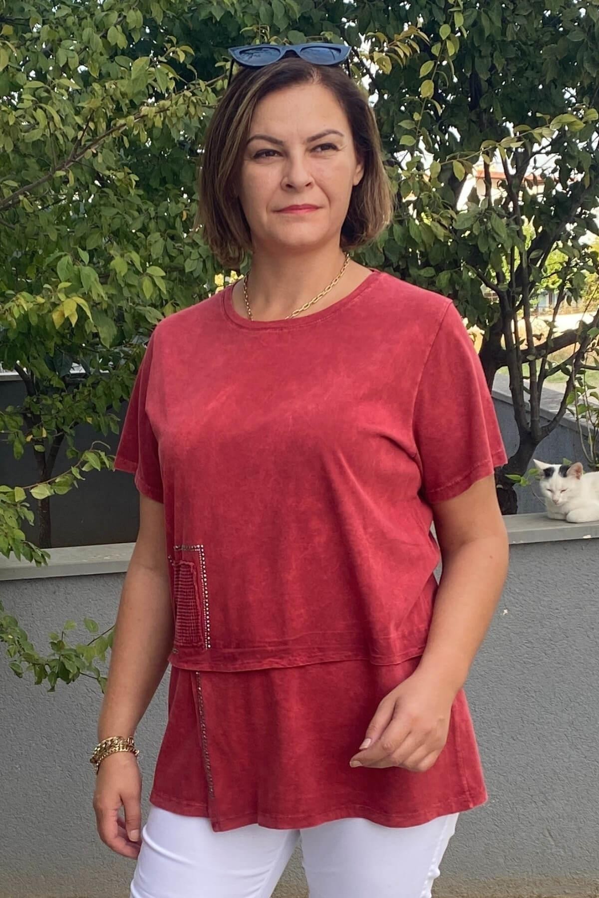 Büyük Beden Bordo Taş Detalı Tshirt