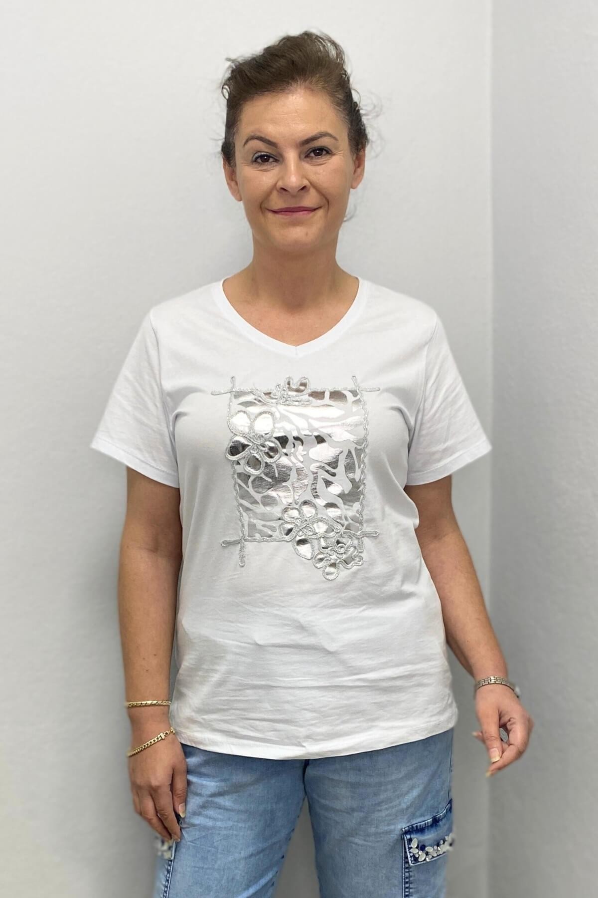 Kadın Beyaz Gümüş Baskılı Tshirt