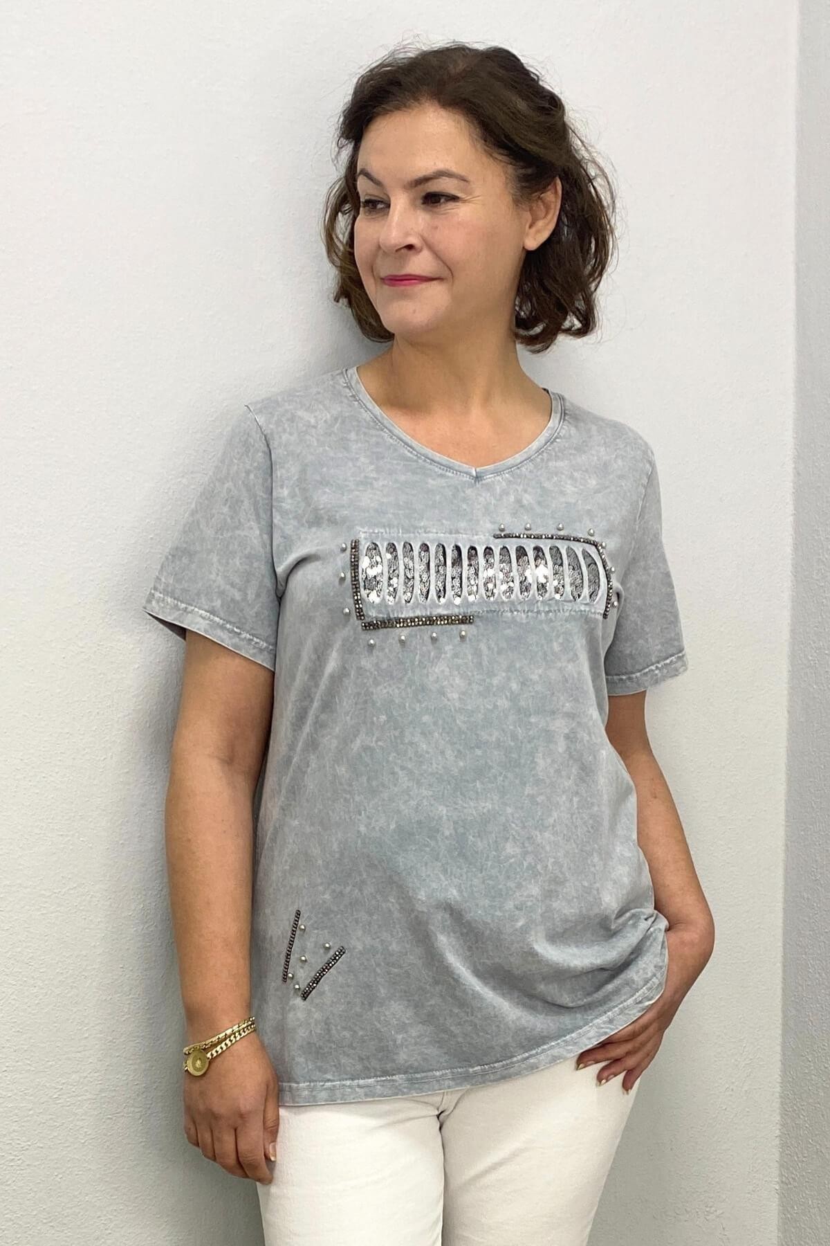 Büyük Beden Gri İtalyan Yıkamalı Pencere Detaylı Tshirt