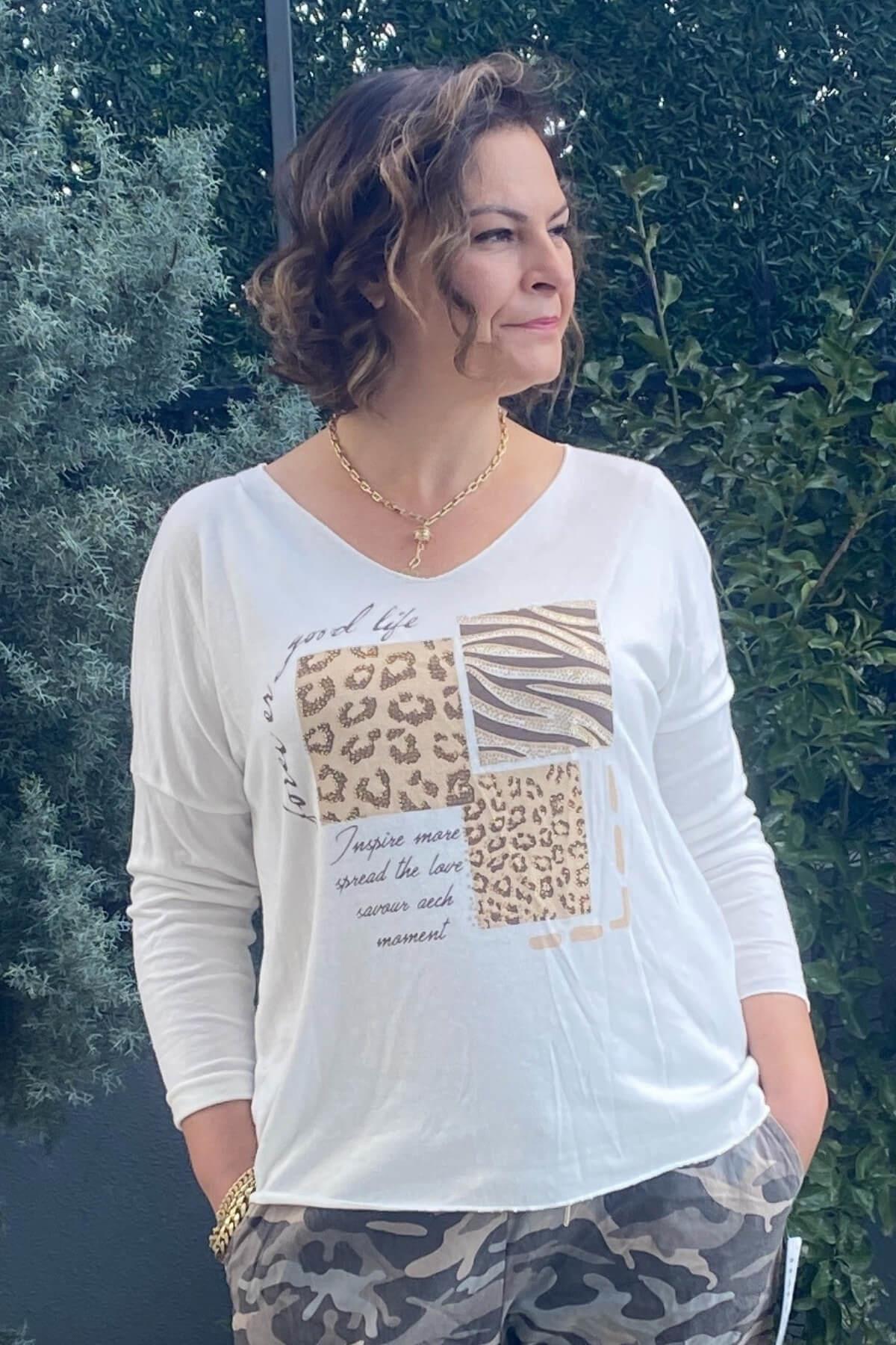 Kadın İtalyan Baskılı Angora Beyaz Triko Bluz