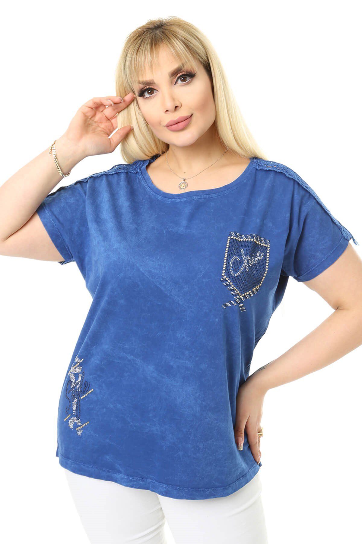 Büyük Beden Mavi Omuzları Dantel Detaylı Bluz
