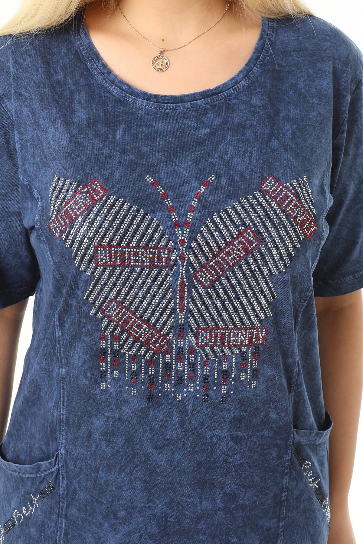 Büyük Beden Lacivert Kelebek Taslı Elbise