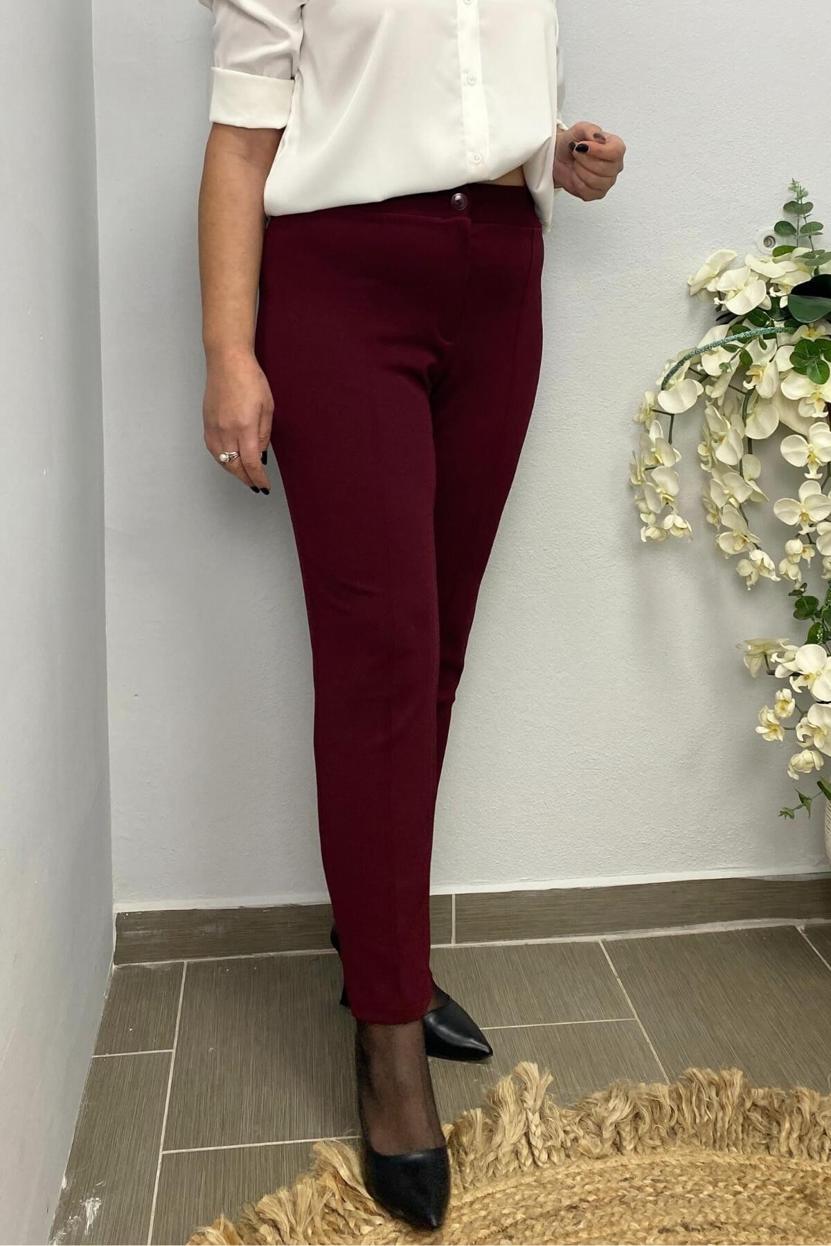 Dertsiz Büyük Beden Bordo Toparlayıcı Kumaş Pantolon