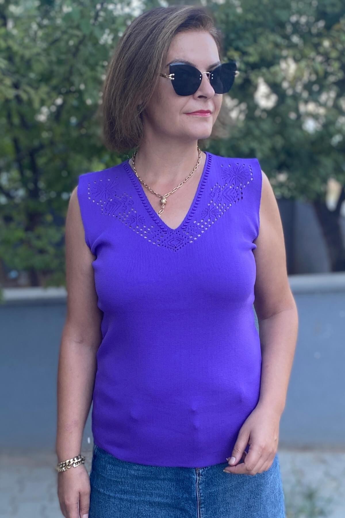 Kadın Lina Mor Merserize Kolsuz Bluz