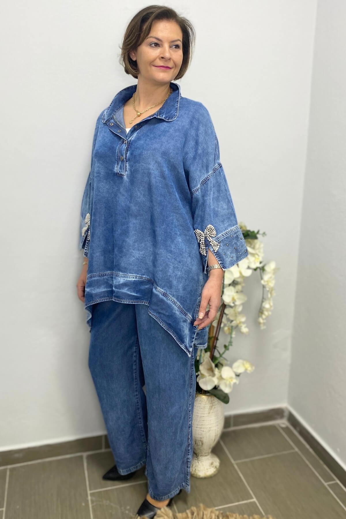 Kadın Mavi Özel Tasarım İncili Taşlı Takım