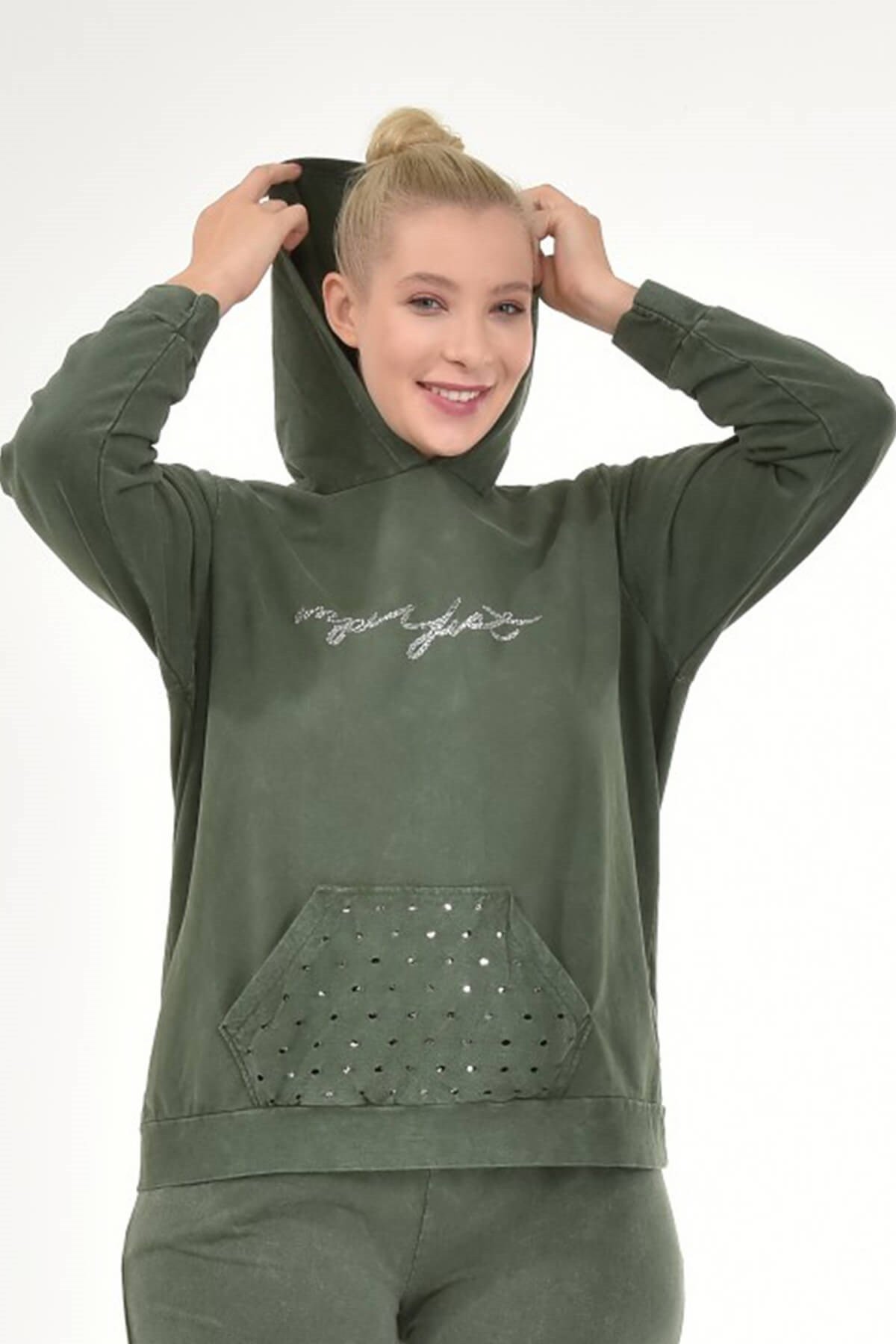Kadın Büyük Beden İtalyan Yıkama Haki Kapşonlu Sweatshirt