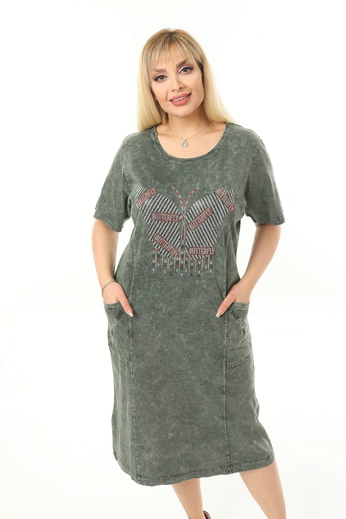 Büyük Beden Haki Kelebek Taslı Elbise