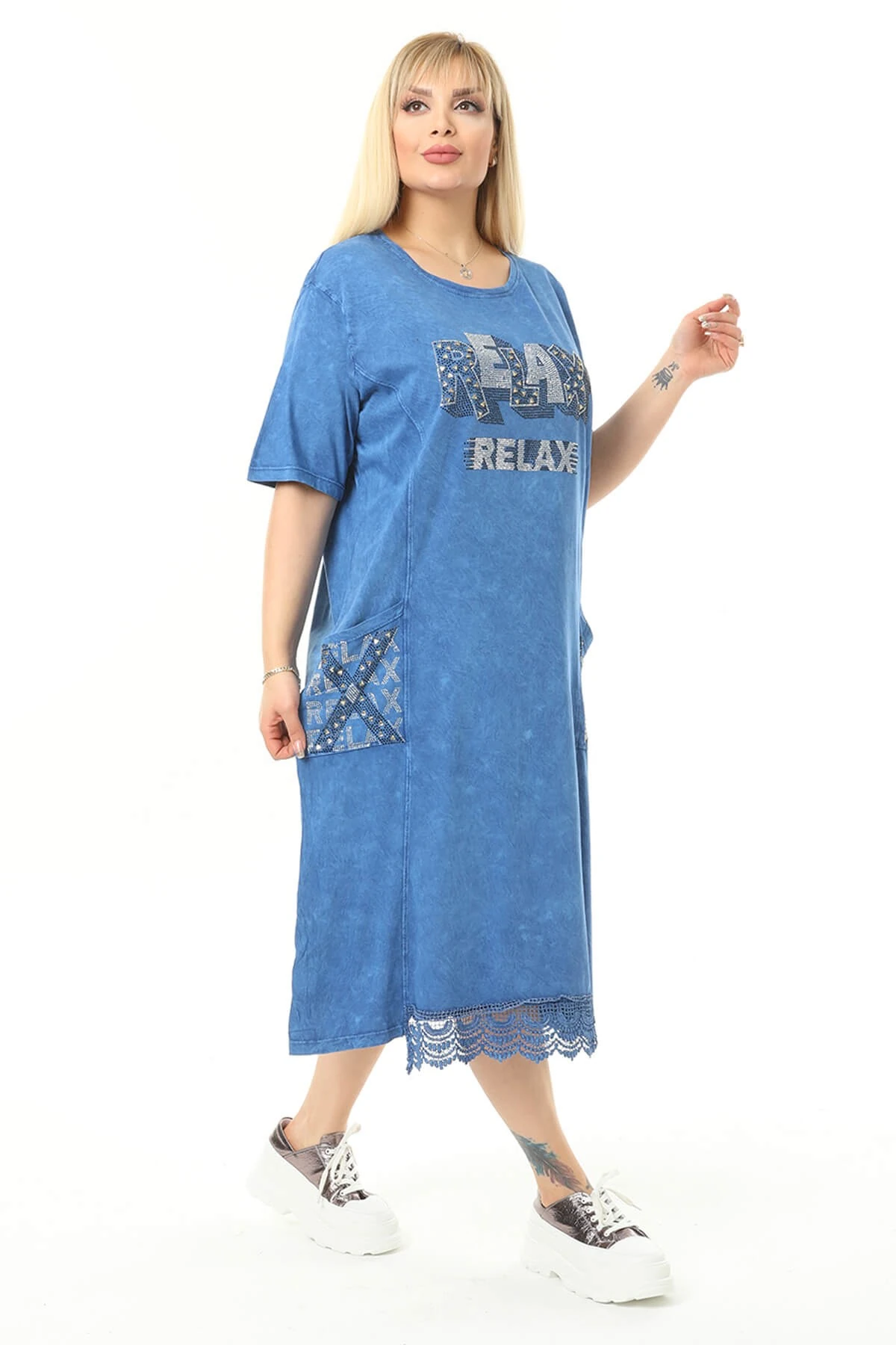 Büyük Beden Mavi Eteği Dantel Detaylı Elbise