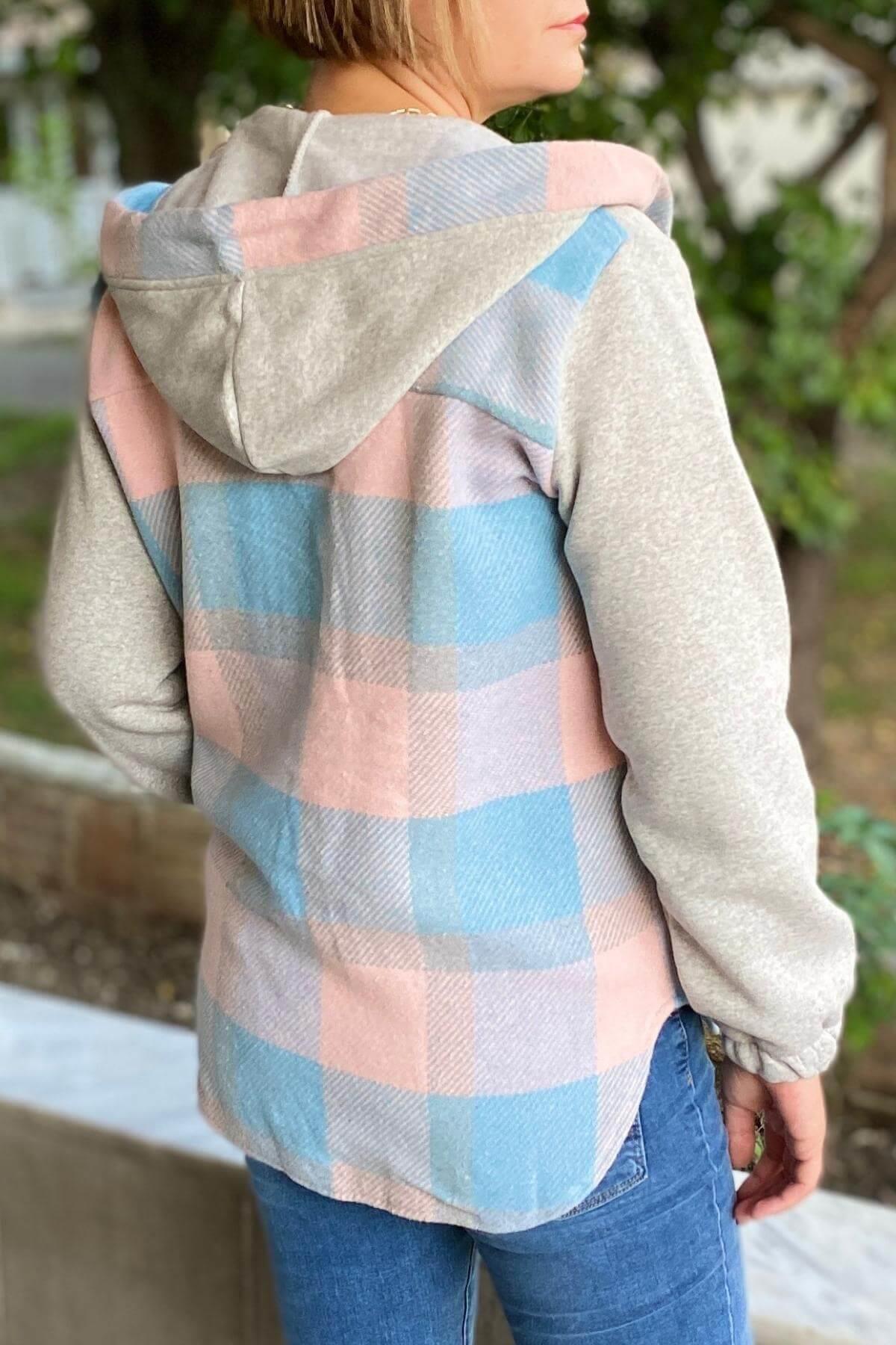 Kadın Mavi Kapşonlu Oduncu Gömlek Ceket