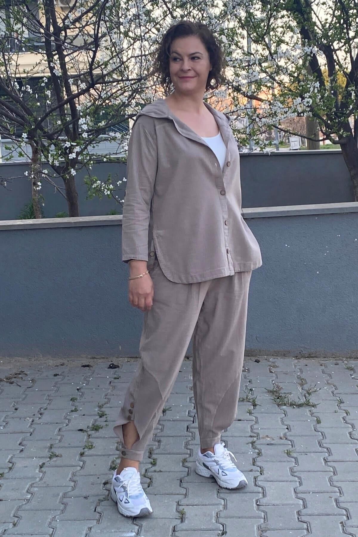 Kadın Bej Tasarım Spor Keten Takım