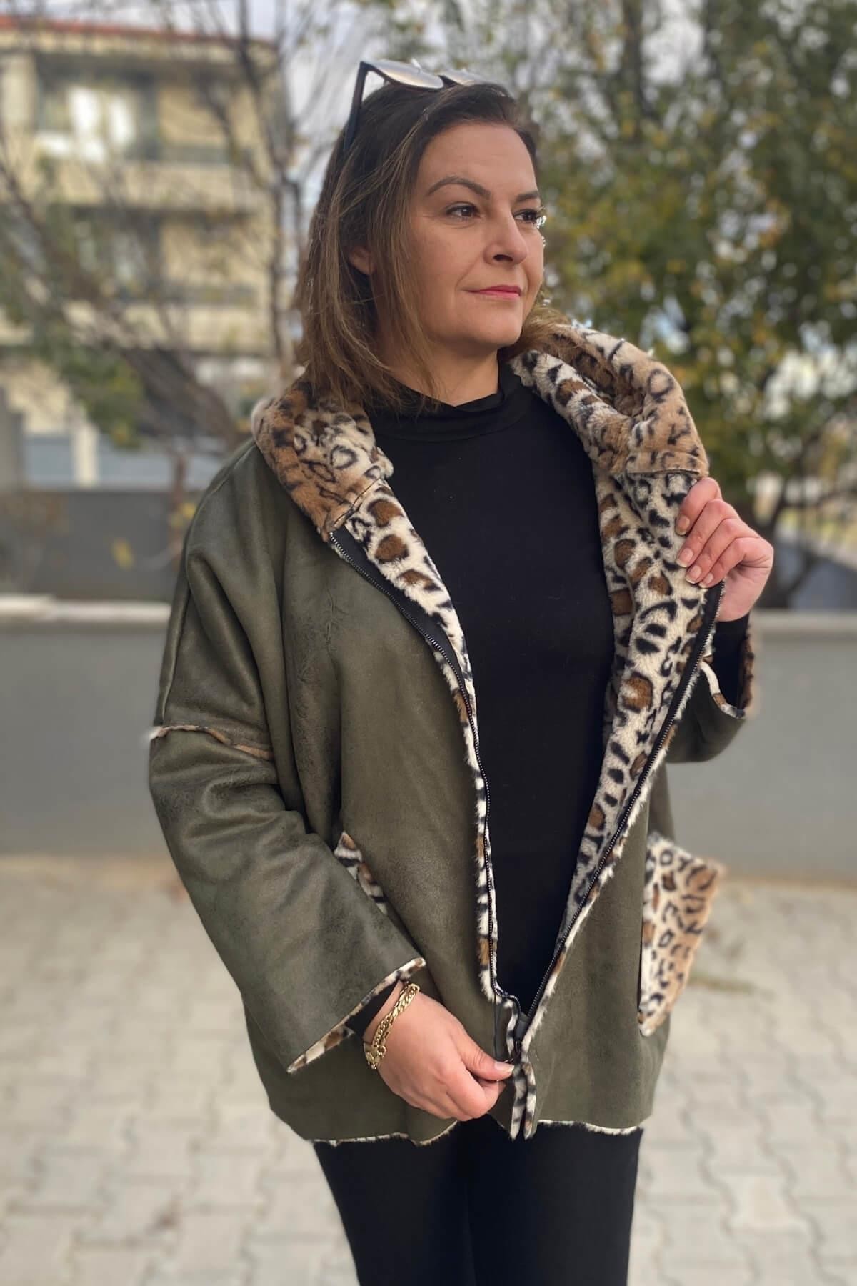 Kadın Haki İtalyan Leopar Desenli Kısa Kaban