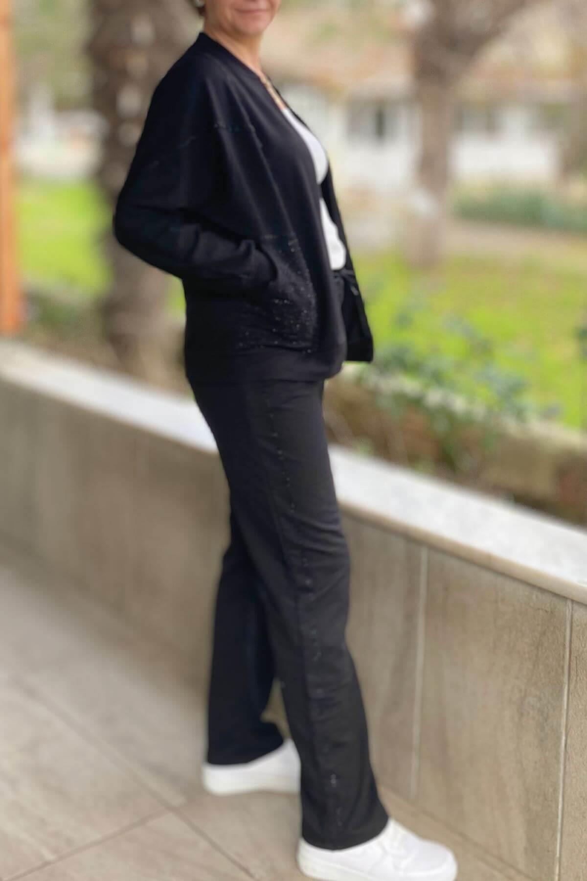 Büyük Beden Siyah Liza Taşlı Eşortman Takım
