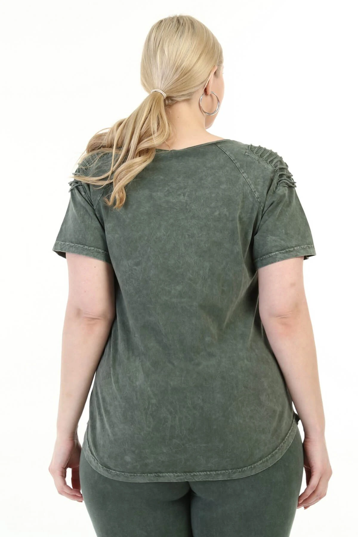 Büyük Beden Haki Omuzu Lazerli  İtalyan Yıkamalı Tayt Takım