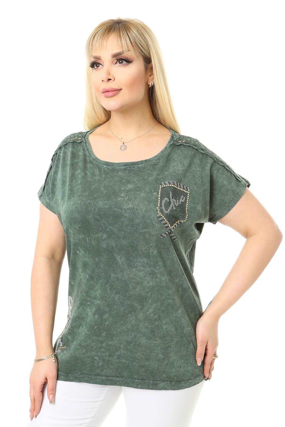 Büyük Beden Haki Omuzları Dantel Detaylı Bluz