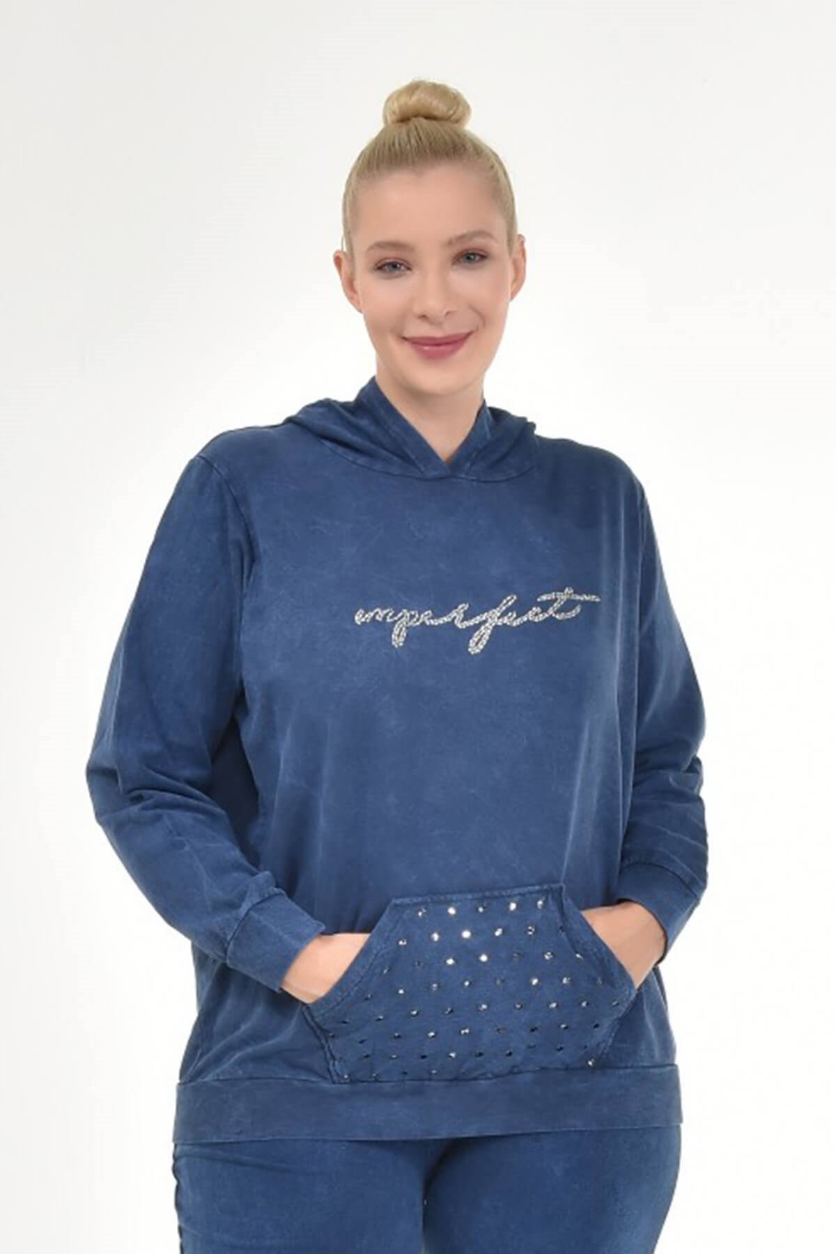 Kadın Büyük Beden İtalyan Yıkama Lacivert Kapşonlu Sweatshirt