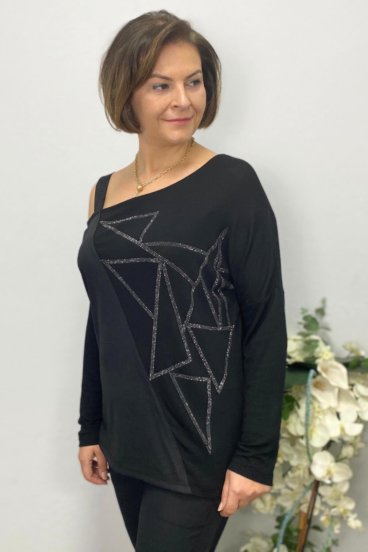 Kadın Siyah Tek Omuz Asimetrik Taş Detaylı Bluz