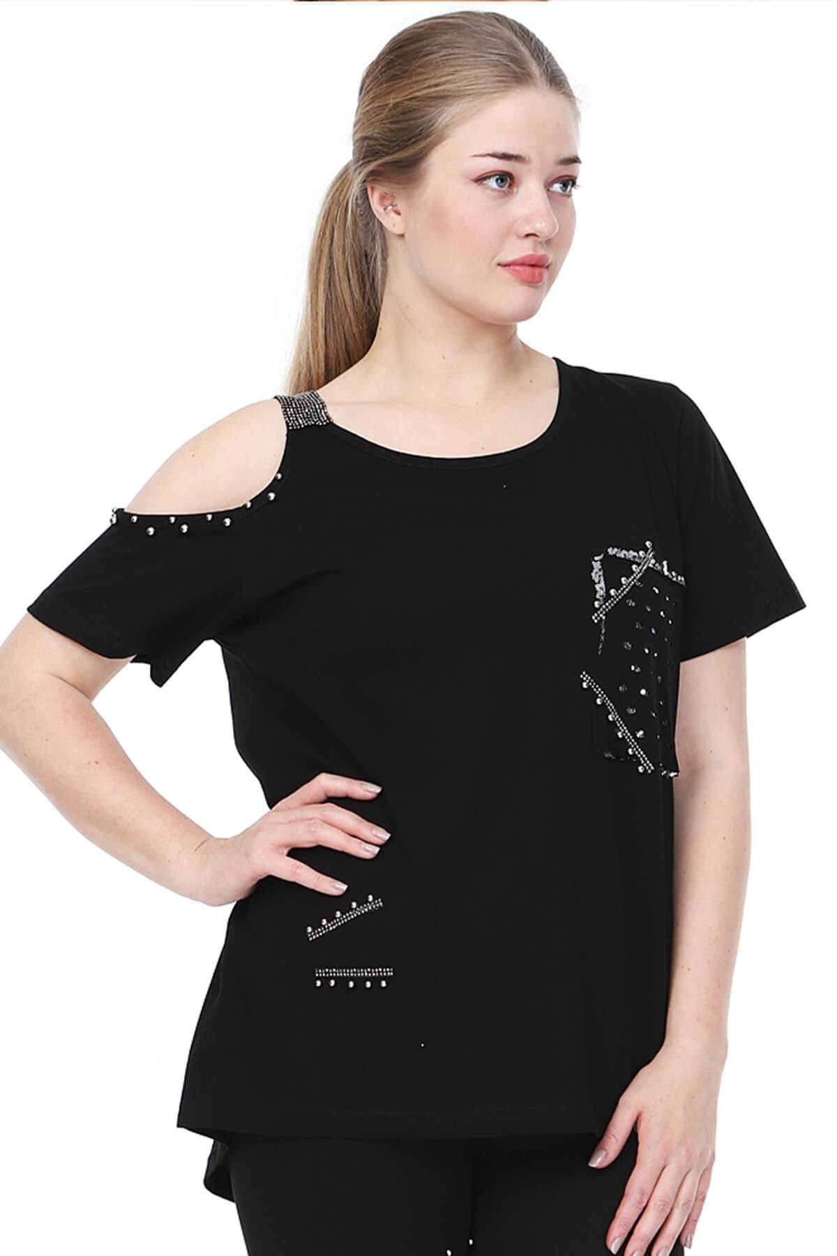 Büyük Beden Siyah Omuz Detaylı Tshirt