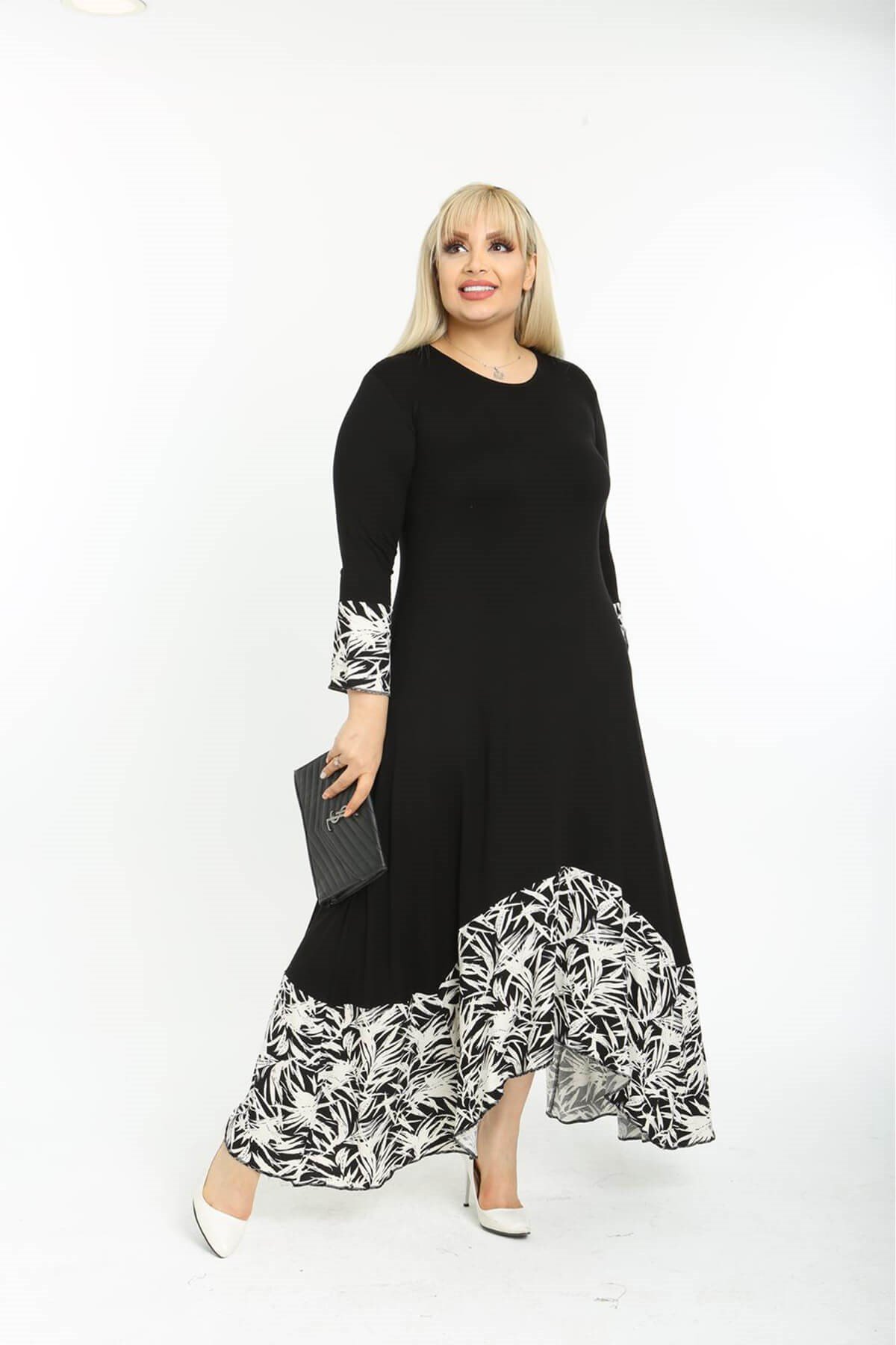 Büyük Beden Siyah Yaprak Desen Asimetrik Fakir Kol Elbise