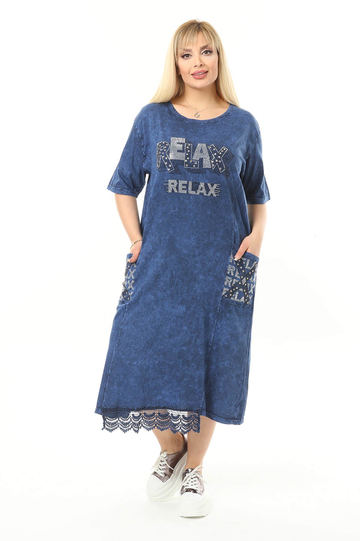 Büyük Beden Lacivert Eteği Dantel Detaylı Elbise