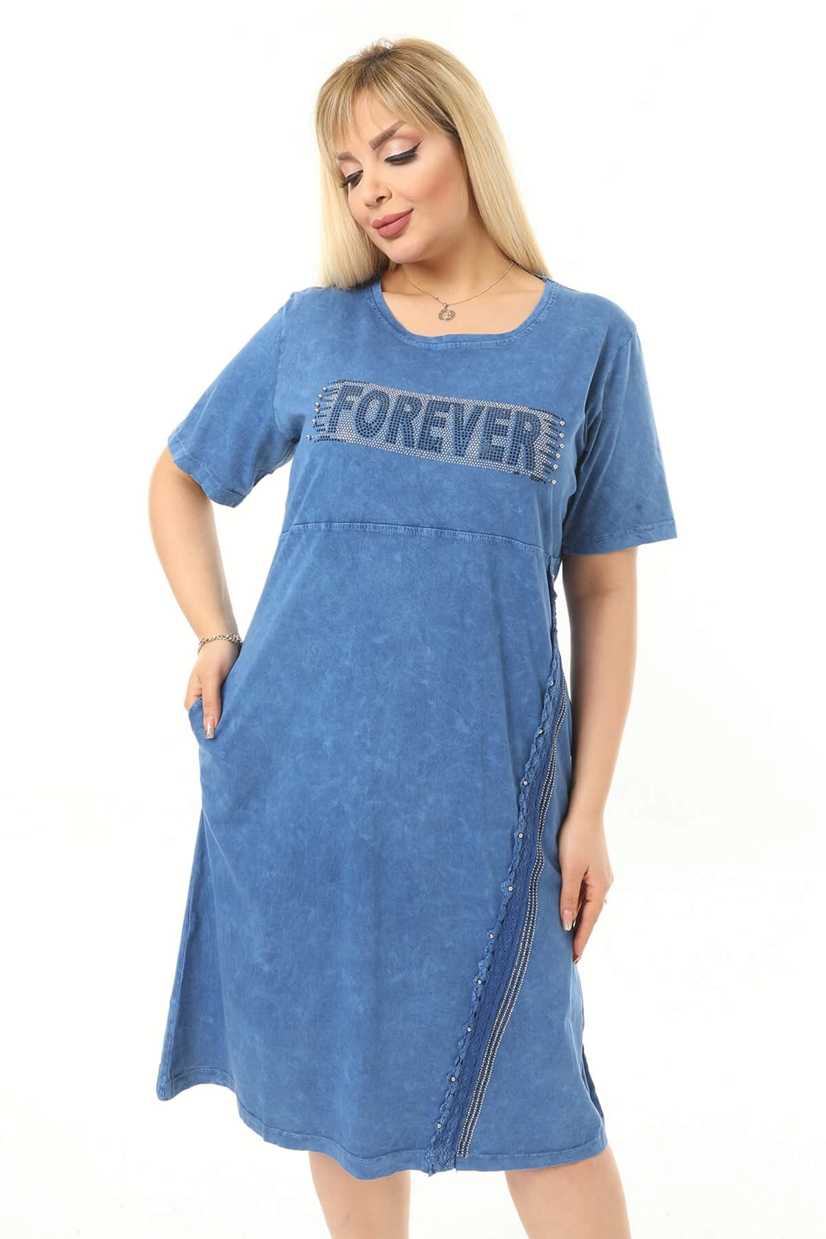 Büyük Beden Mavi Yuvarlak Yaka Yıkamalı Elbise