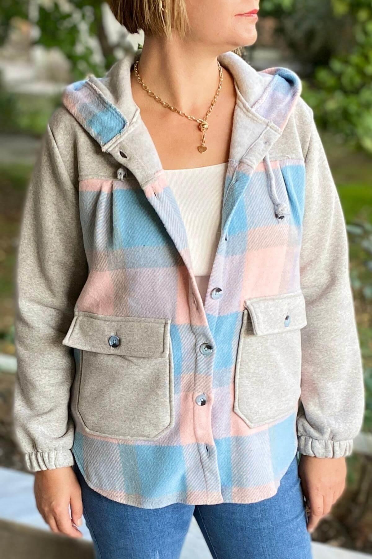 Kadın Mavi Kapşonlu Oduncu Gömlek Ceket