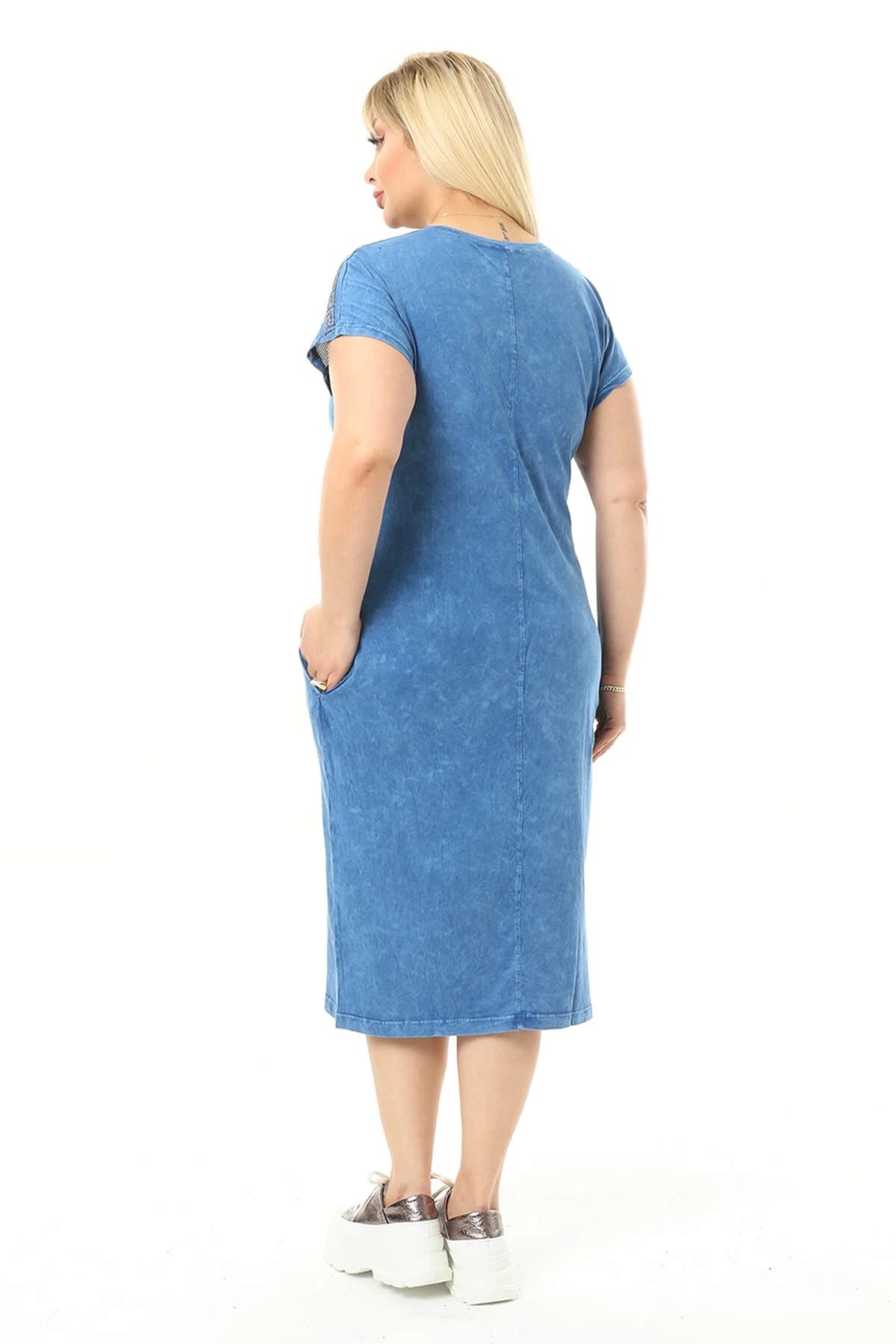 Büyük Beden Mavi Gizli Cep Detaylı Elbise