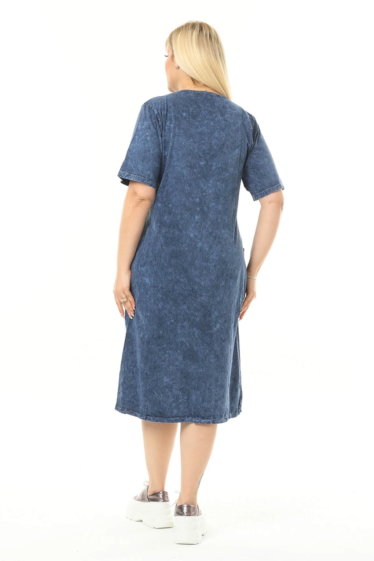 Büyük Beden Lacivert Küçük Taşlarla Süslenmiş Pamuklu Elbise