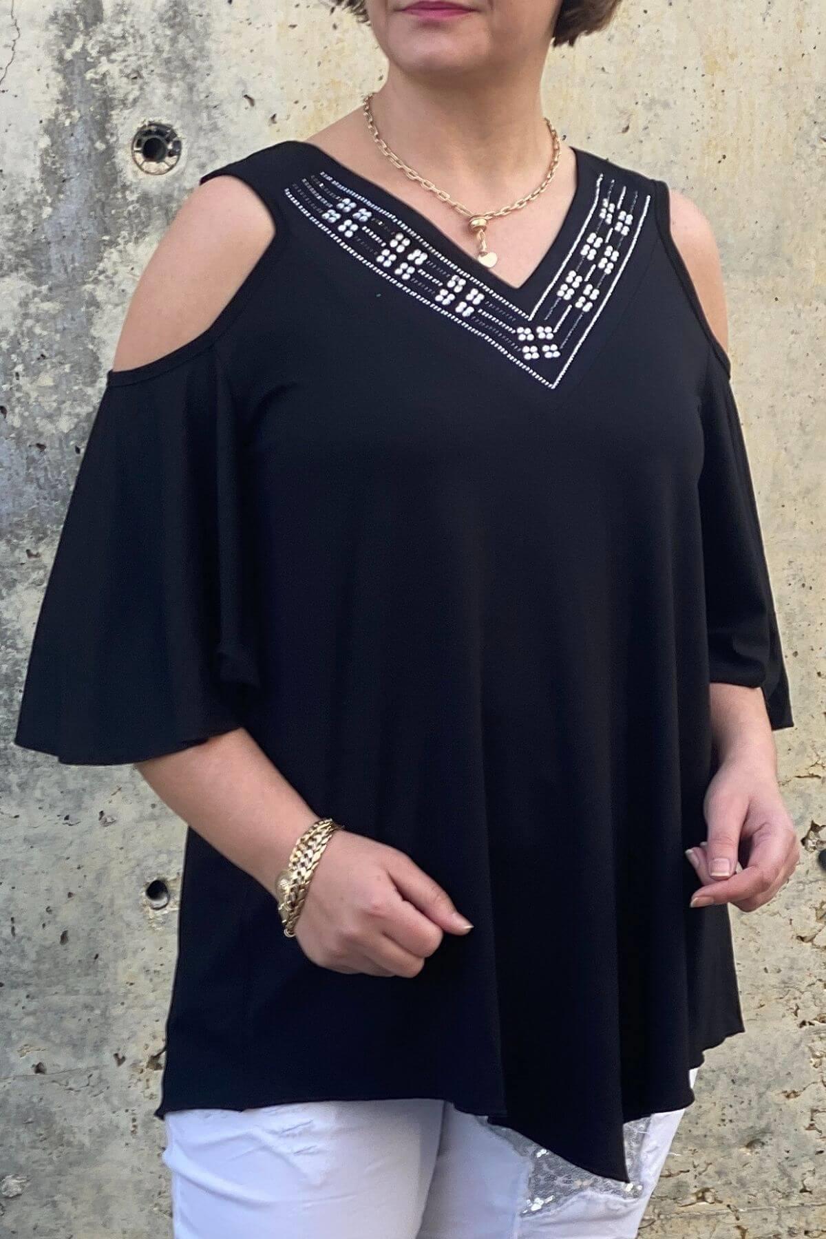 Büyük Beden Siyah Arkası & Önü V Yaka Bluz