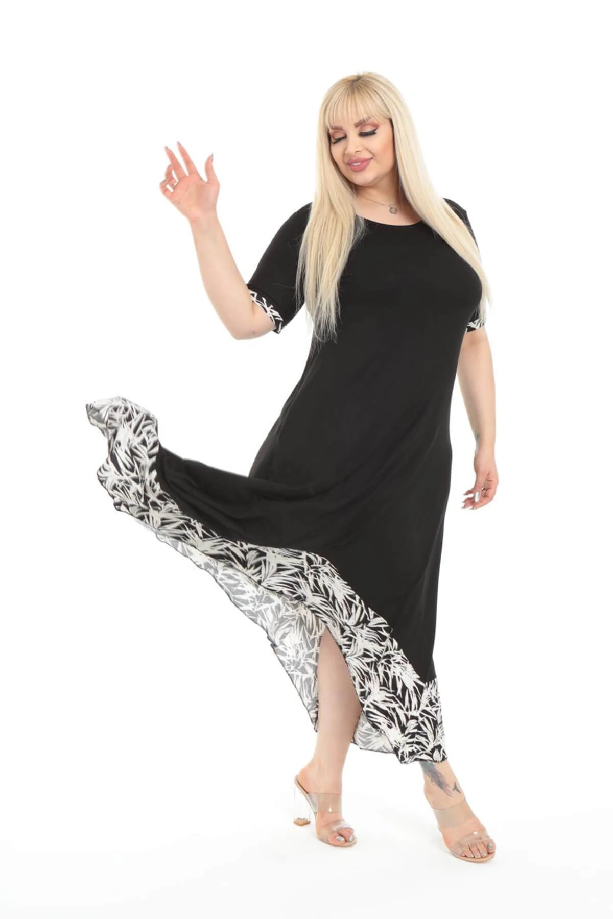 Büyük Beden Siyah Palmiye Desen Asimetrik Elbise